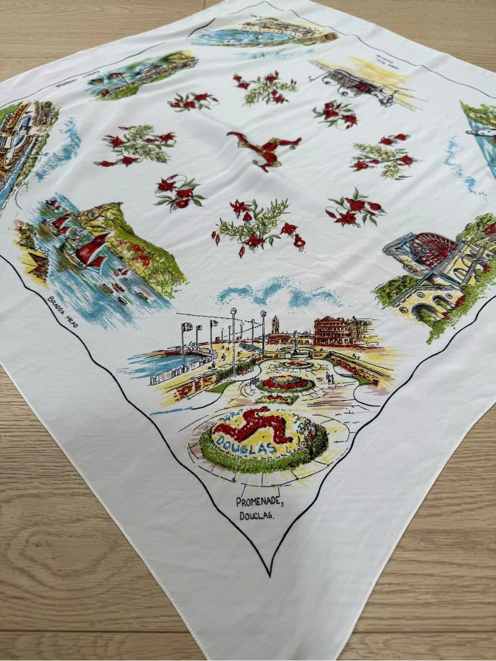 Vintage Isle of Man Souvenir Scarf 27” Bradda Head Douglas Travel Print